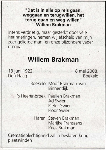 rouwadvertentie Willem Brakman