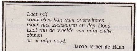 rouwadvertentie met tekst Jacob Israel de Haan