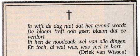 rouwadvertentie met tekst Driek van Wissen