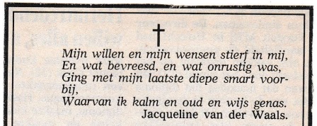 rouwadvertentie met tekst Jacqueline van der Waals